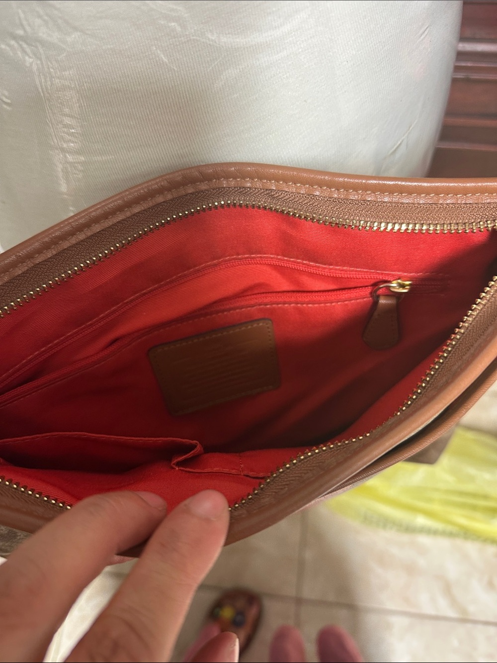 Coach Brown Signature Crossbody with Pink & Orange Center Stripe - Picture 9 of 9